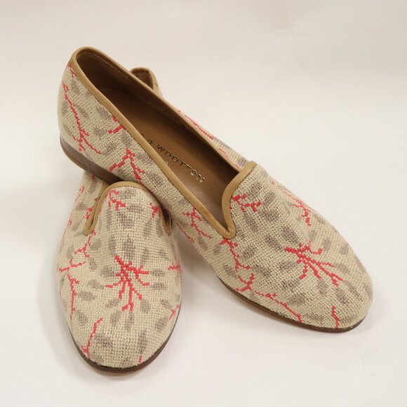 NEW Stubbs & Wootton Size 7 Needlepoint Slipper In Tan, Taupe and Red - Picture 1 of 10